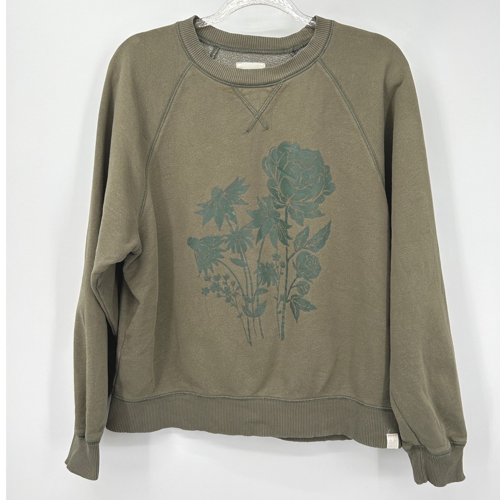 American Eagle Womens Olive Green Floral Graphic Raglan Crewneck Sweatshirt M